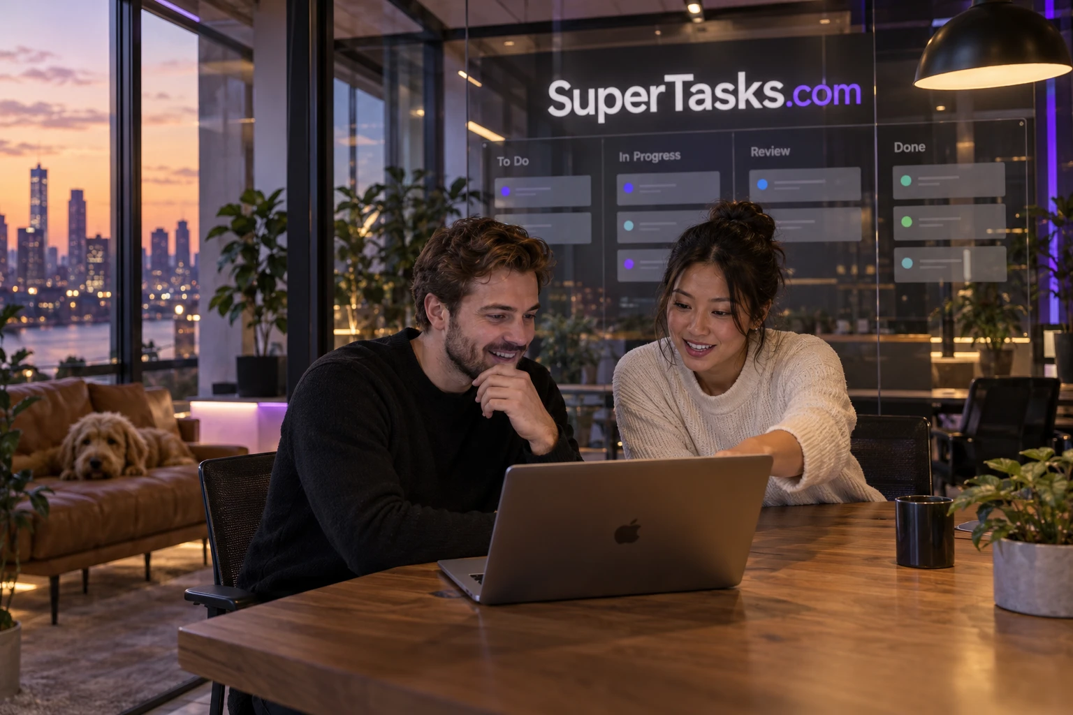 A collaborative team working at computers in a warm violet-lit technology workspace