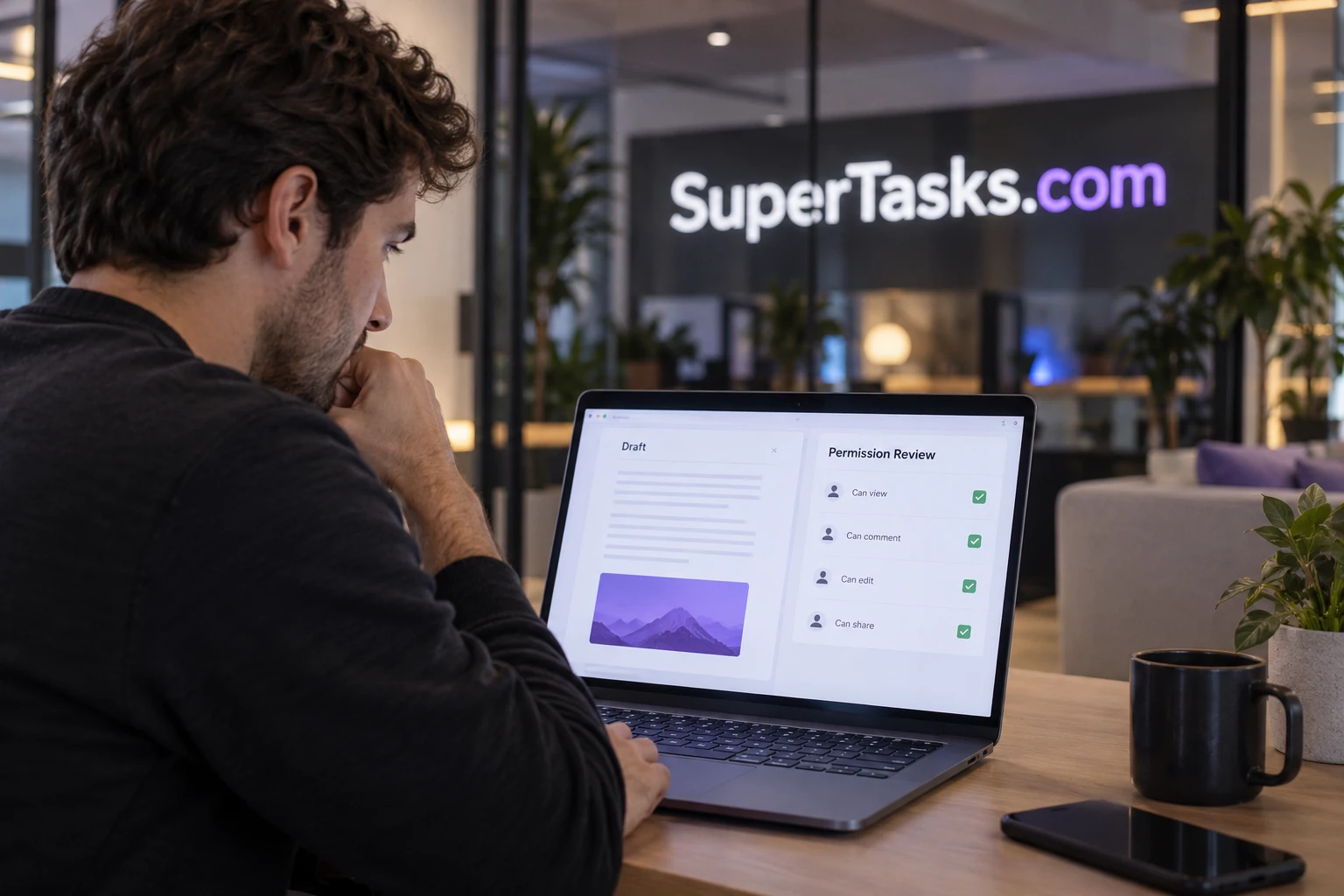 A professional reviewing delegated digital work with SuperTasks.com on the workspace display